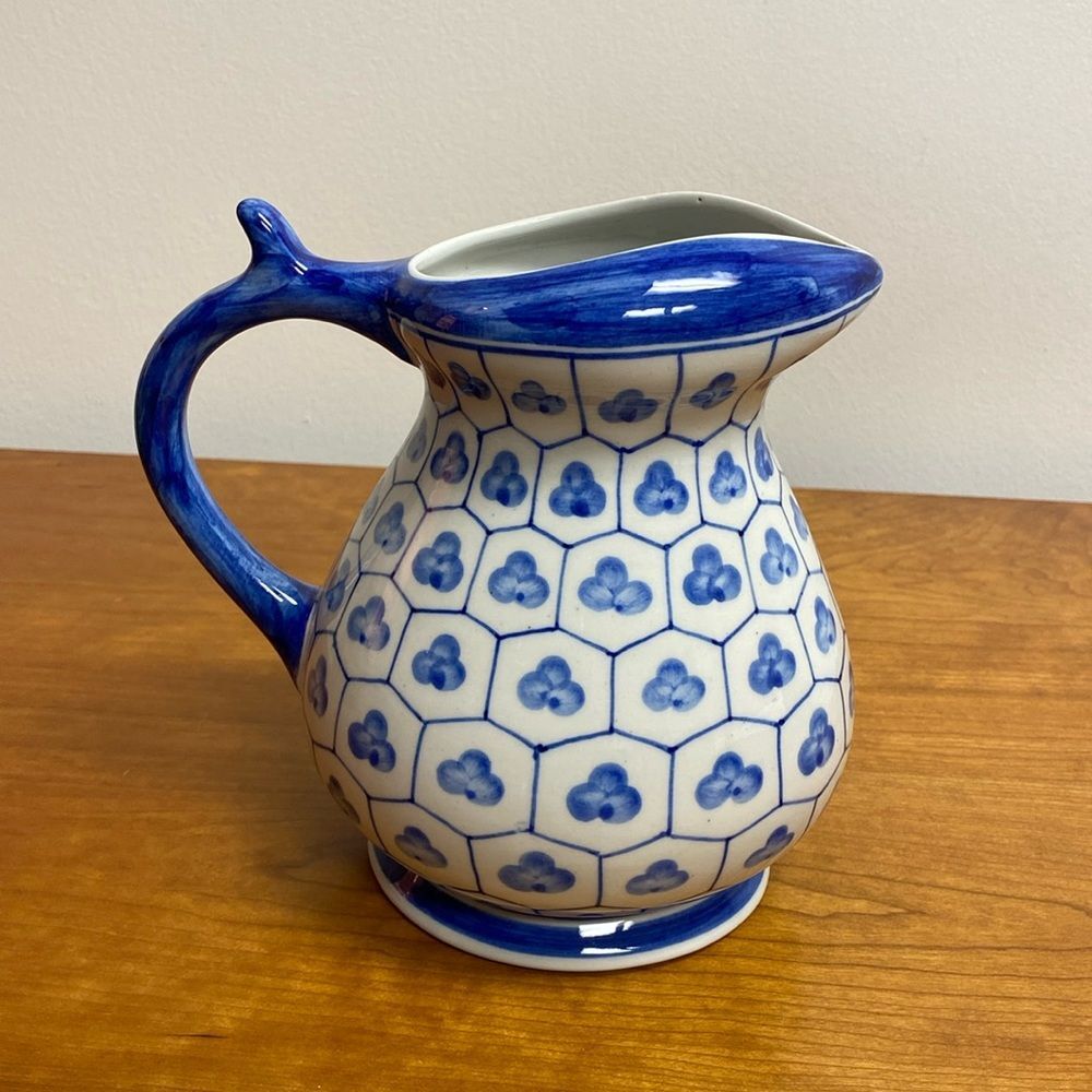 Silvestri Blue and White Floral Water Pitcher 7” Tall